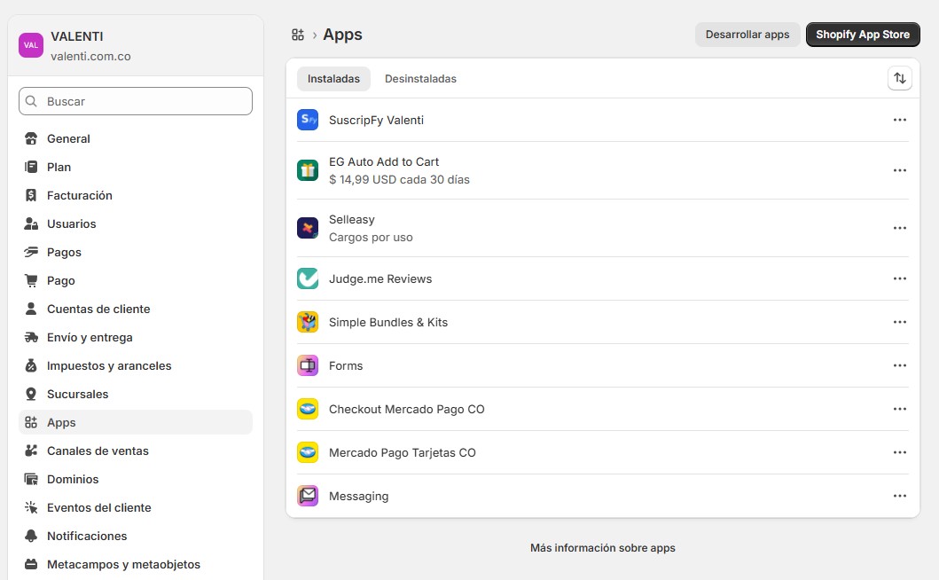 SuscripFy en el listado de apps instaladas del admin de Shopify