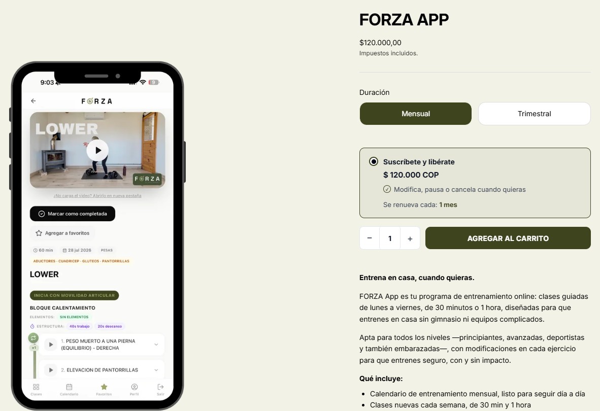 Widget de suscripción SuscripFy en Forza App con planes mensual y trimestral