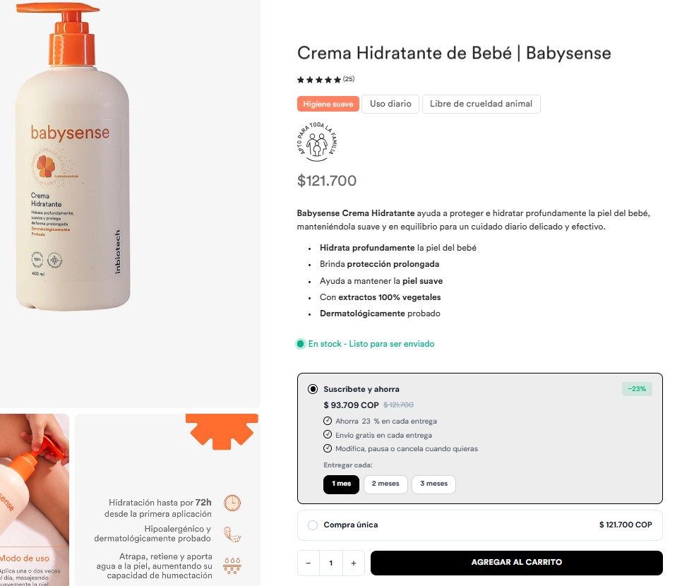 Widget de suscripción SuscripFy en la tienda Inbiotech con opción de suscribirse y ahorrar 23%