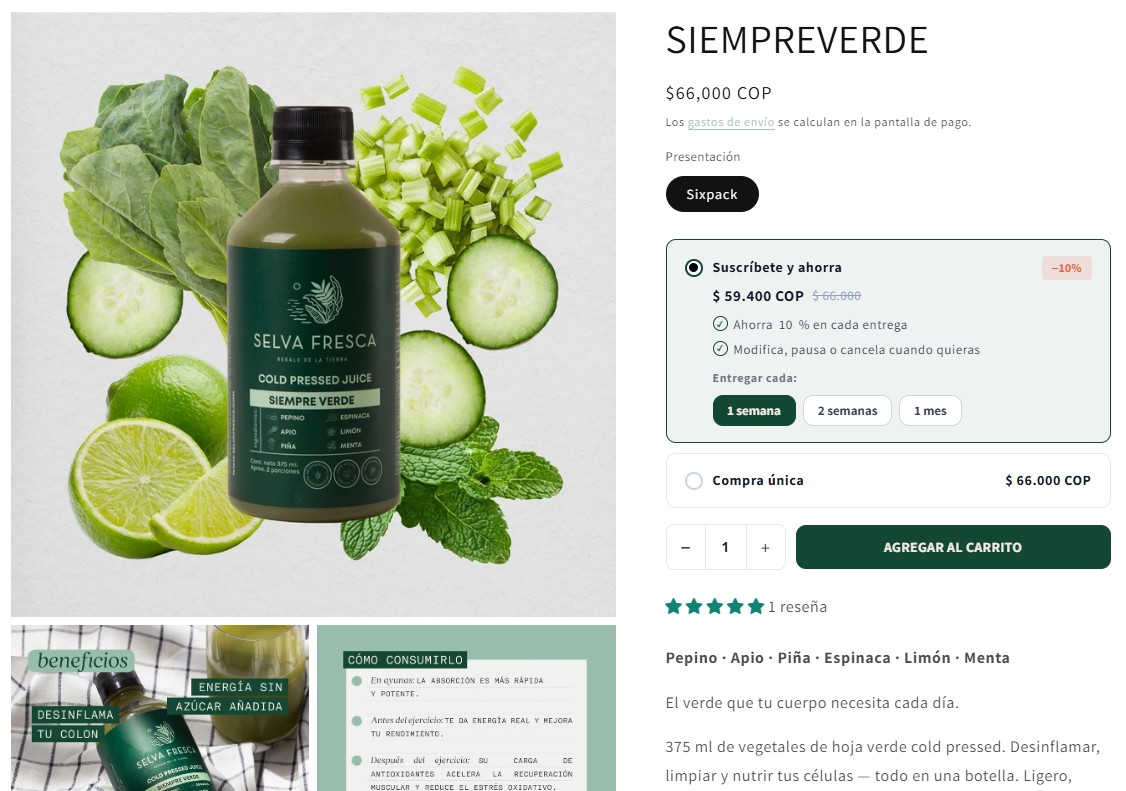 Widget de suscripción SuscripFy en la tienda Selva Fresca con entrega semanal, quincenal o mensual
